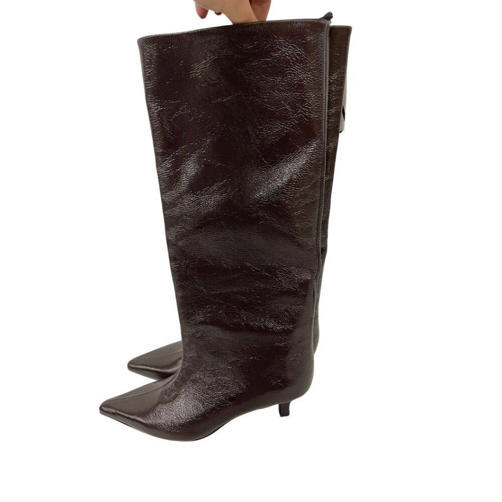Zara Womens Knee High Heeled Boots Wide leg EU 35 US 5 Burgundy 1006/410 NWT